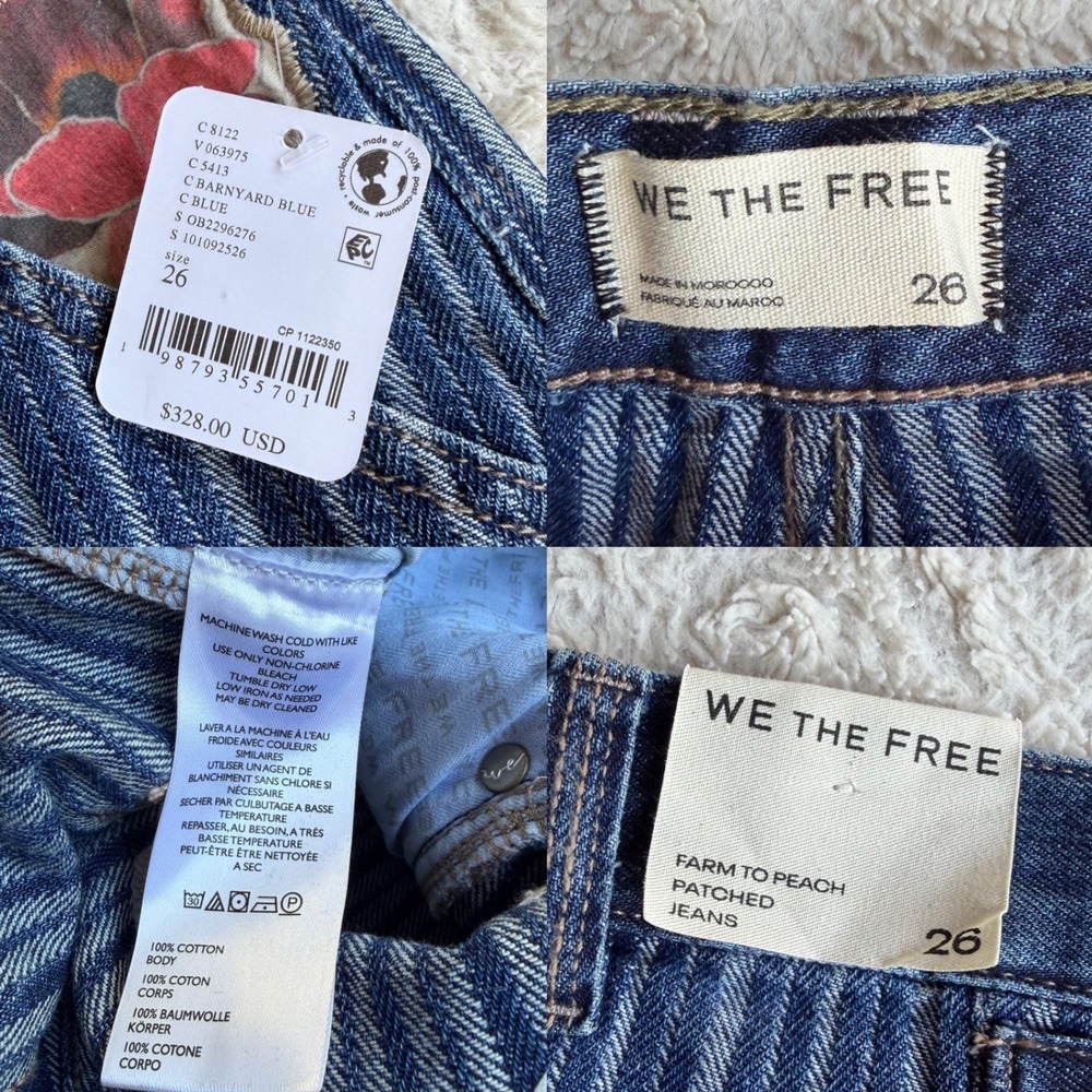 New Free People We The Free Farm To Peach Patched Jeans Barnyard Blue NWT‎ 26 - Picture 2 of 12